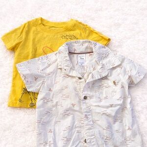 Yellow Graphic Tee and Patterned Button-Up Shirt